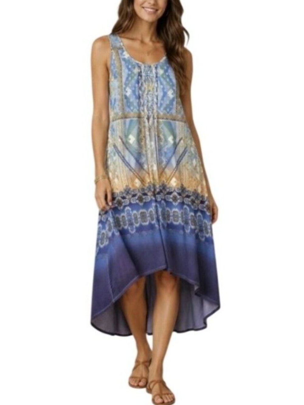 World Unity Blue/Multi Boho Wild Spirit Purity High Low Dress Women's Size Small